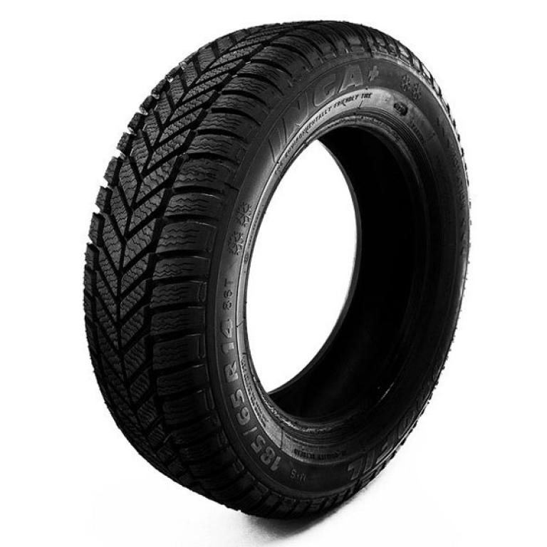 Typical wedge shaped tread produces high traction force. Directional winter tire. It has adherents...